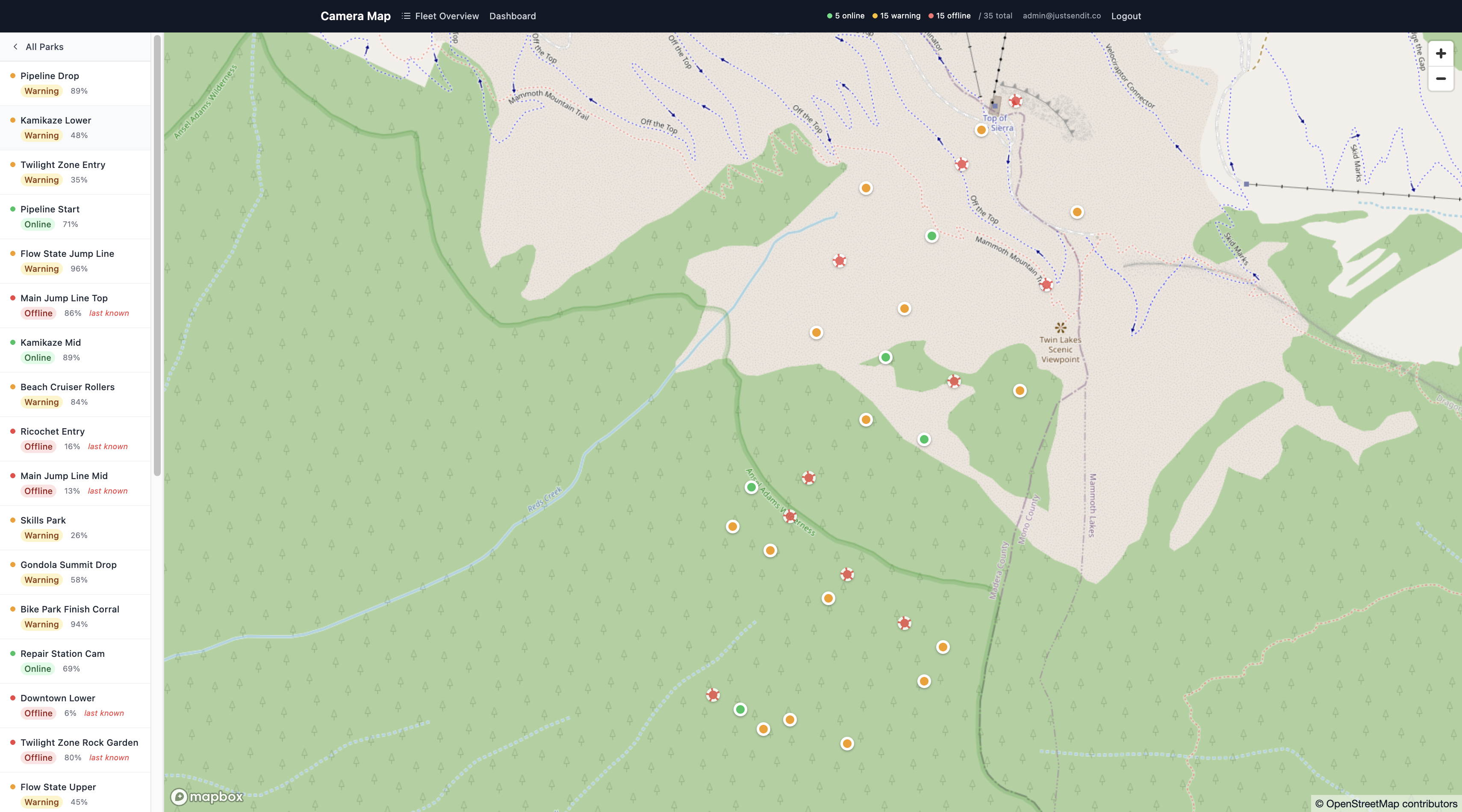 Live camera fleet map with status indicators